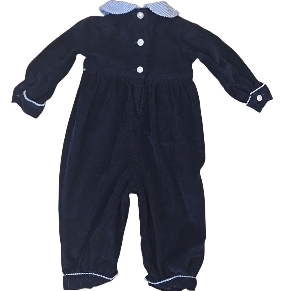 Zuccini Kids Baby Girl Navy Blue Corduroy Pleated Plaid Romper 100%‎ Cotton 3Mo